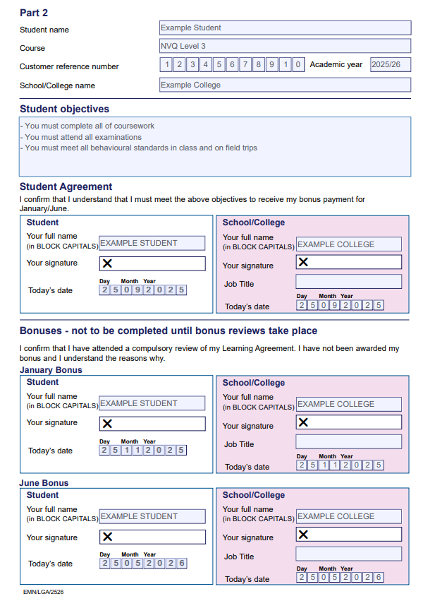 EMA NI example learning agreement