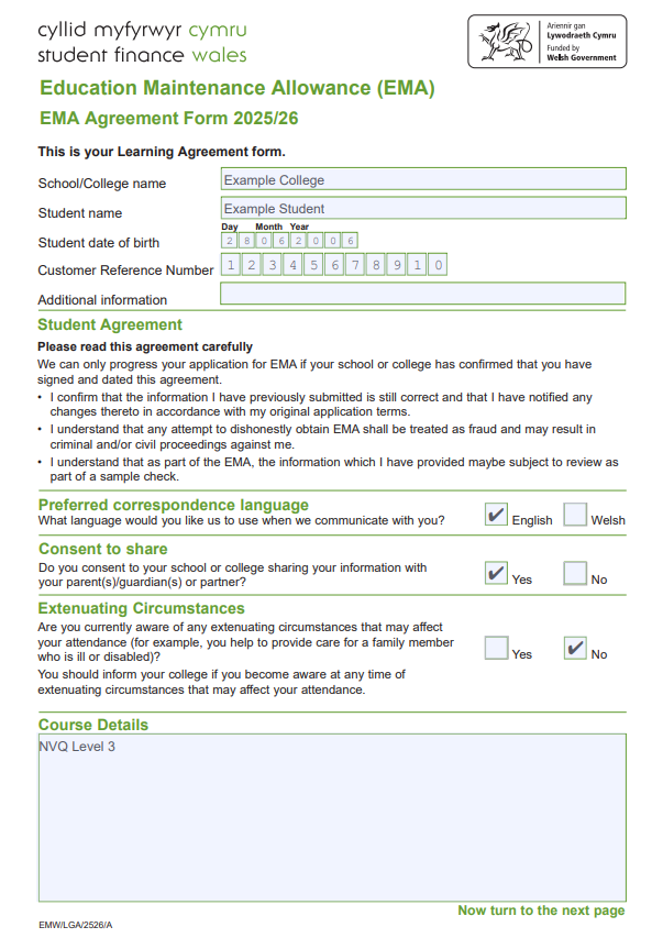 EMA Wales example completed learning agreement