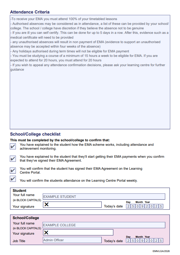 EMA example learning agreement
