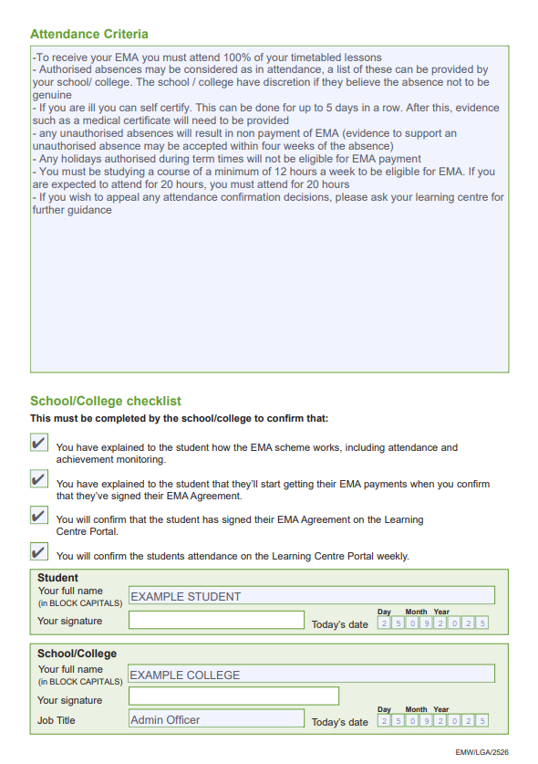 EMA Wales example completed learning agreement