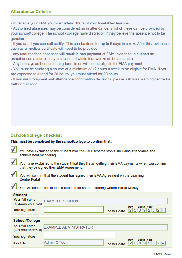 EMA Wales example completed learning agreement